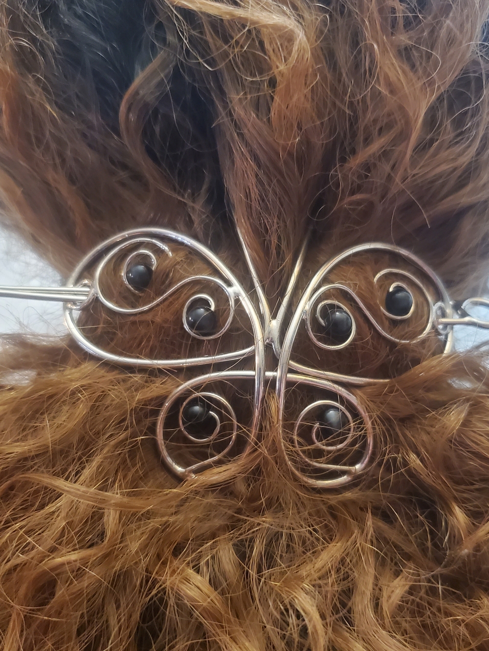Artisan Handcrafted Silver Butterfly Hair Clip with Black Bead Accent Beads